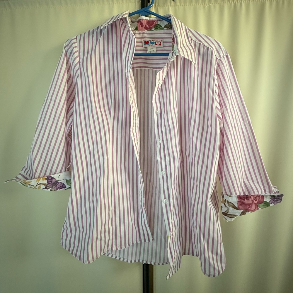 Haband Lavender and White Striped Shirt with Floral Accent
